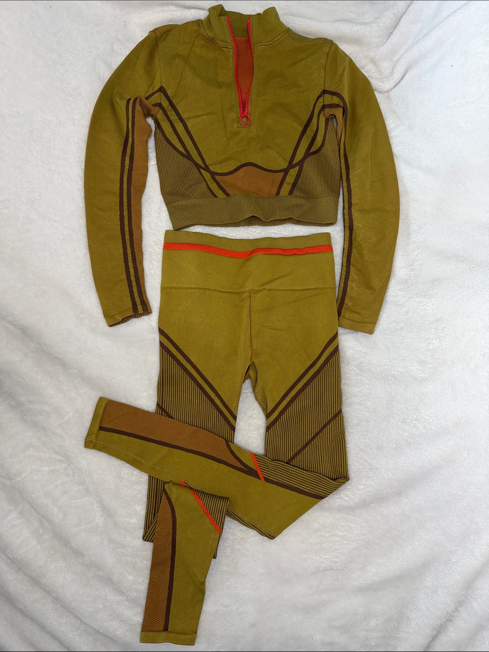 Fabletics Olive and Brown Seamless High-Rise Leggings with Crop Top